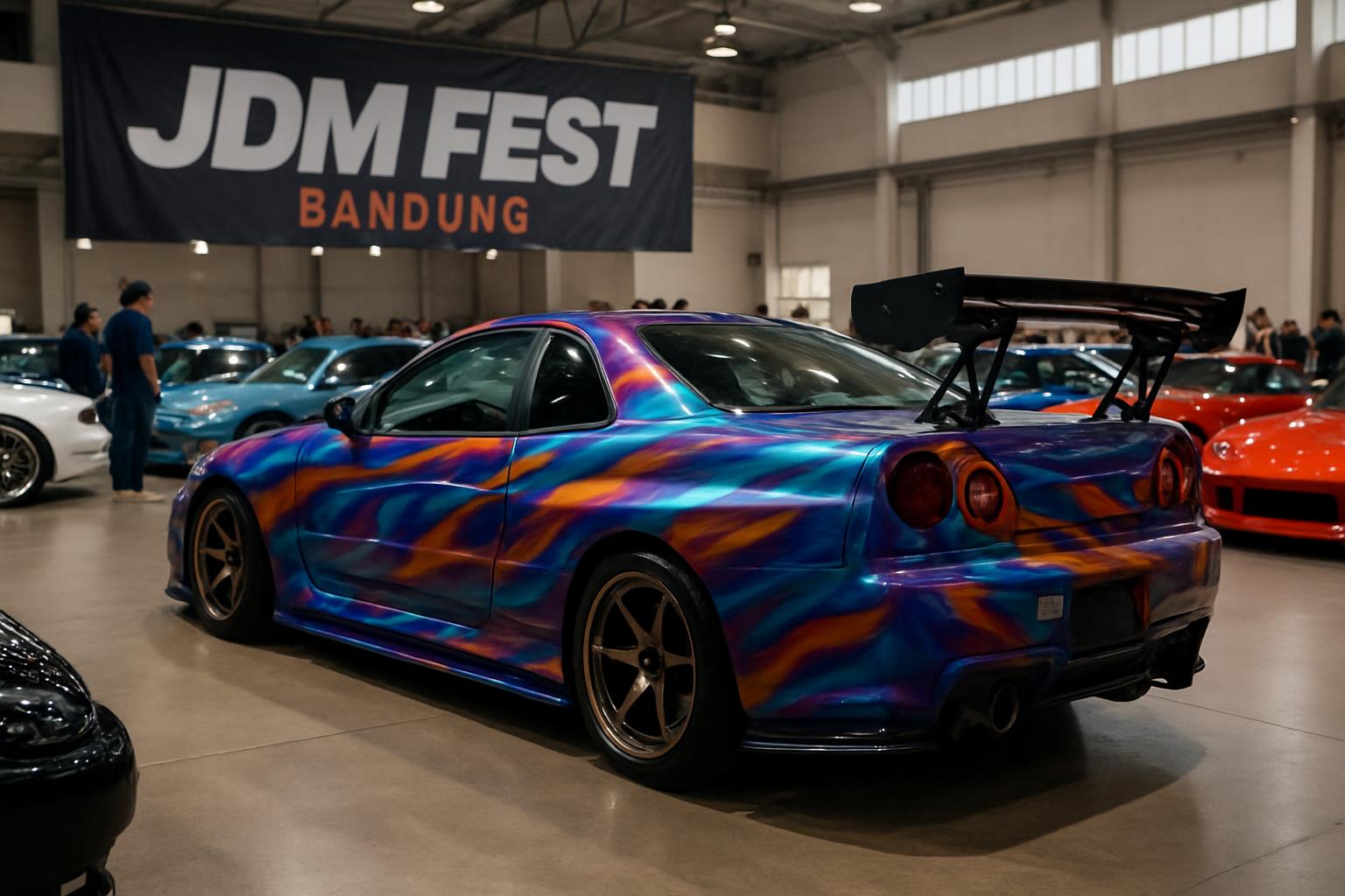 Mobil JDM Nissan Skyline yang dimodifikasi ekstrem dengan warna-warni di JDM Fest Bandung